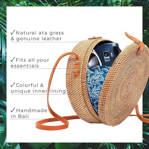 Handmade Bali Round  Rattan Straw Boho Bag - Picture 7 of 8